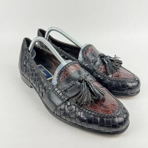 Bragano Mens 10.5 Black Red Tassel Leather Weave Crocodile Texture Dress Loafers